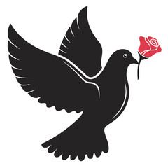 Stylized black dove in flight carrying a red rose representing peace and love