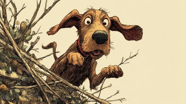 Curious dog peeking from a thicket of branches.