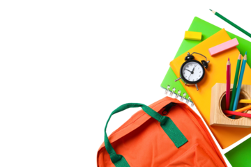 Backpack and school supplies arranged for learning activities, isolated on white, PNG