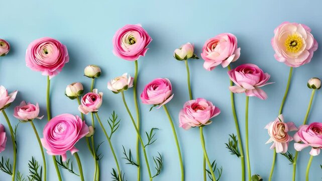 Bright pink ranunculus flowers stand tall against a smooth, light blue backdrop in this artistic floral arrangement.