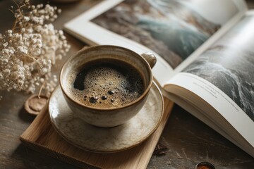 Still life composition of coffee and open book.