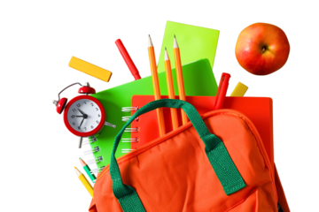 Colorful school items arranged with an apple and alarm clock, isolated on white, PNG