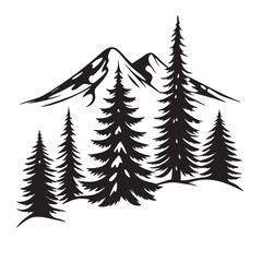 black and white color Mountain Landscape with Trees Silhouette