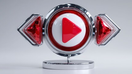 3D Render  Red Play Button Media Icon  Chrome  Crystal  Abstract