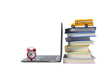 Items representing a student's study environment with books and tools, isolated on white, PNG