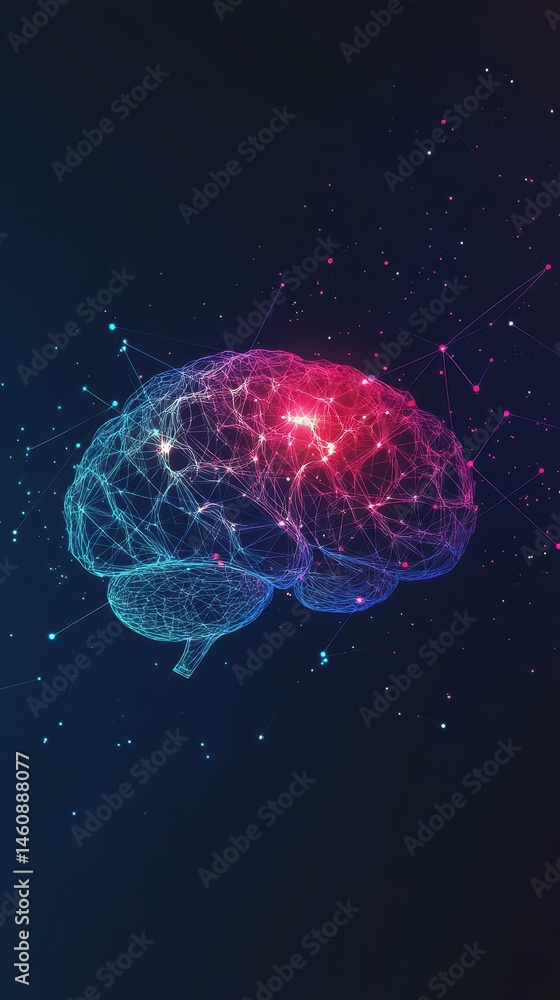 Poster digital brain wireframe with glowing connections and network nodes on dark blue background concept o
