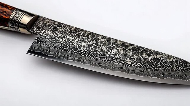 Detailed close up of a beautifully crafted damascus steel kitchen knife