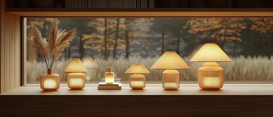 Wooden lamps and vase illuminate a window, showcasing a tranquil autumnal landscape