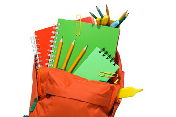 Backpack overflowing with colorful notebooks and writing tools, isolated on white, PNG