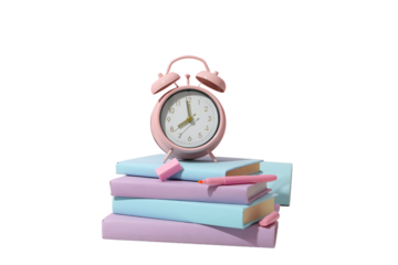 An alarm clock sits on top of stacked books, signaling study time, isolated on white, PNG