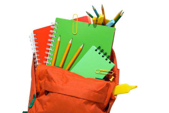 Backpack overflowing with colorful notebooks and writing tools, isolated on white, PNG