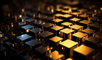 Fototapeta premium Glimmering Golden Cubes in Abstract Composition with Reflections
