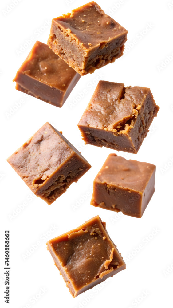 Poster multiple fudge squares falling against transparent background