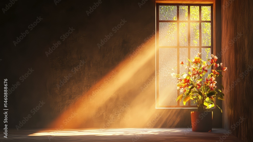 Poster dark empty room with textured walls, illuminated by warm light filtering through window