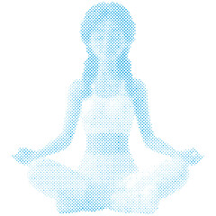 A cartoon woman doing exercise yoga pose polygon halftone retro modern