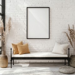 Interior mockup with blank frame on white brick wall above bench with pillows and pampas grass in vase neutral tones