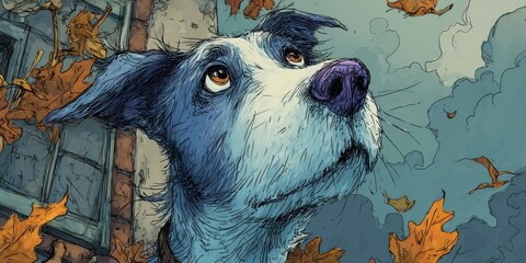 Pen and Ink Illustration of a Dog Looking Upward