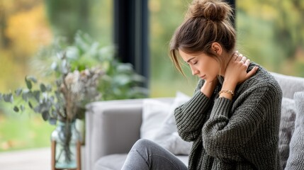 Young woman experiencing stress while relaxing in a cozy living room, surrounded by natural light and plants, showcasing a moment of reflection and self-care
