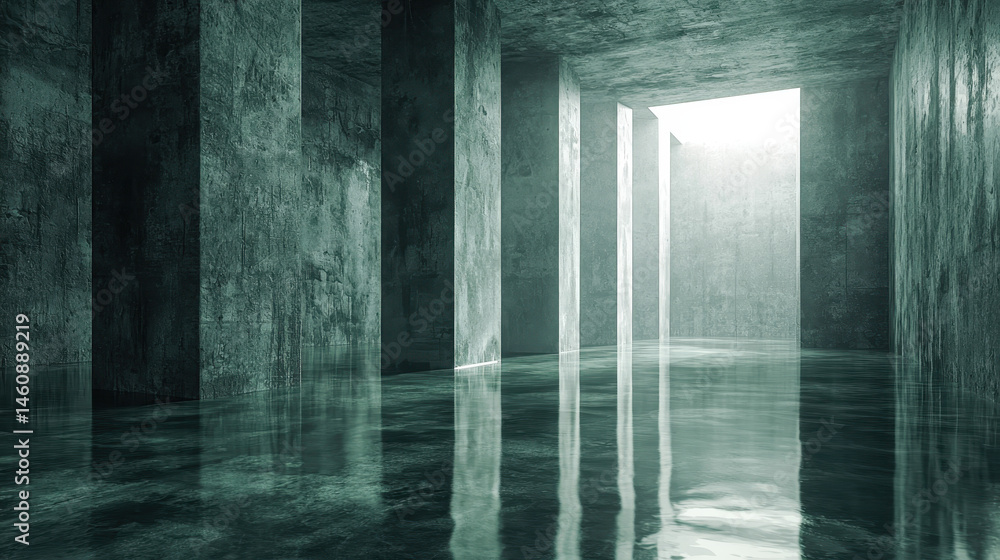 Poster an abstract 3d rendered background shows realistic concrete columns and reflections in a 4k side ang