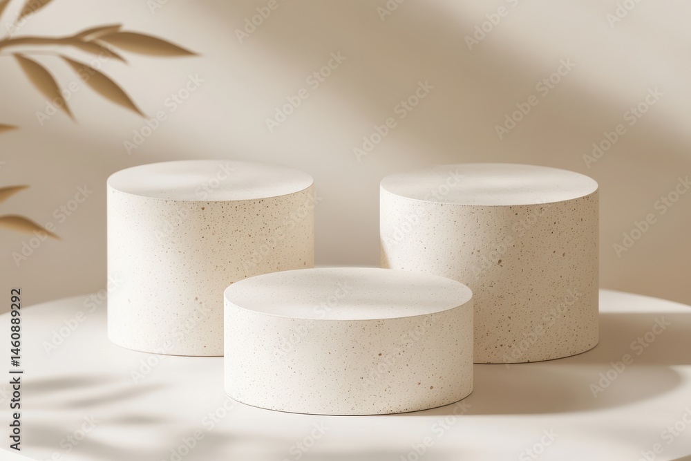 Poster three beige round stone pedestals on white tabletop in studio with soft light and shadow for product