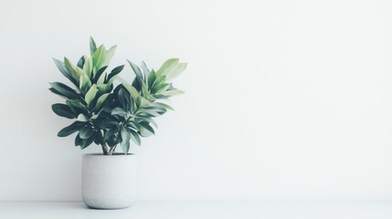 Green plant in a grey pot against a white wall.