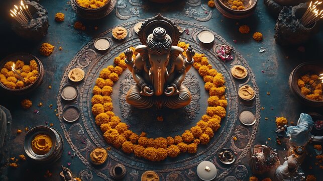 Top-down shot of a traditional Ganesha puja setup, idol in center with circular arrangement of modaks, incense, sandal paste bowls, and durva grass, all placed on rangoli. Created Using: Drone cam,
