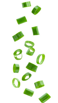 Freshly cut green onion slices falling on transparent background