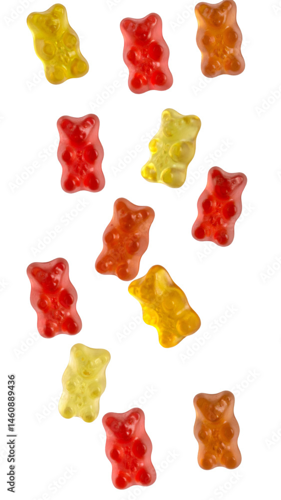 Poster multiple gummy bears falling with transparent background