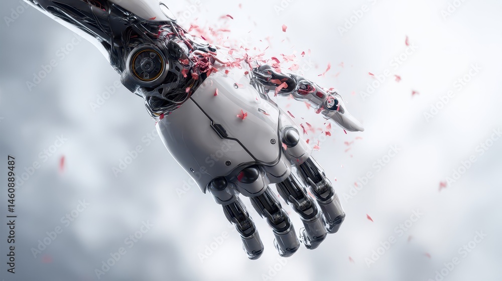 Poster mechanical hand shattering into fragments in a hazy environment.