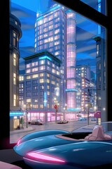 Obraz premium Retro Futuristic Cityscape View with Neon Lights and Classic Car in the Foreground Showing a Vintage Aesthetic at Night