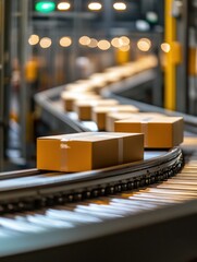 Eye-level view of cardboard boxes moving on a conveyor belt in a distribution warehouse for shipping and delivery logistics