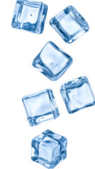 Multiple ice cubes falling on transparent background