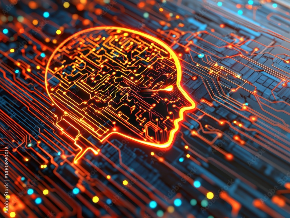 Poster artificial intelligence concept illustration showing glowing circuit board brain on a complex mother