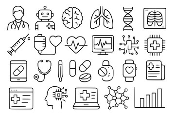 AI in medicine line icon set. Vector pictograms of diagnostics, technology, telemedicine, monitoring, health, chip, computer, microscope, clinical, support, thin linear illustration.