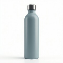 Reusable aluminum water bottle mockup, tall shape, matte finish, sports cap, standing upright, photorealistic lighting, high resolution render, isolated on transparent 
