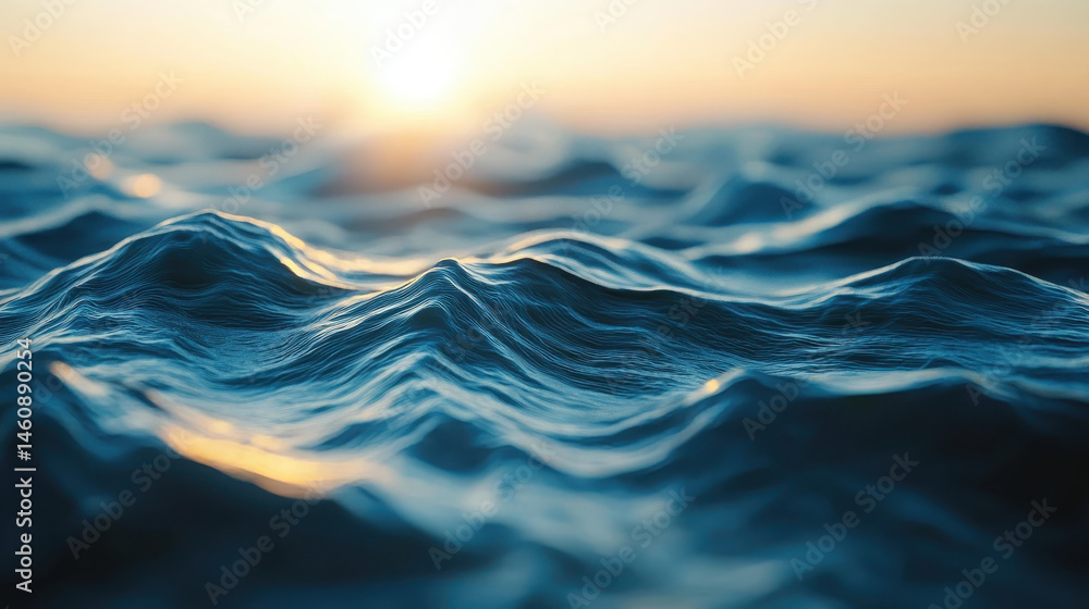 Poster realistic 4k 3d background visual of ocean waves from a side angle, creating a sound-like effect wit