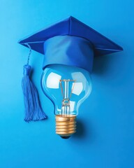 Lightbulb Wearing Graduation Cap Still Life on Blue Background Symbolizing Education and New Ideas for the Future