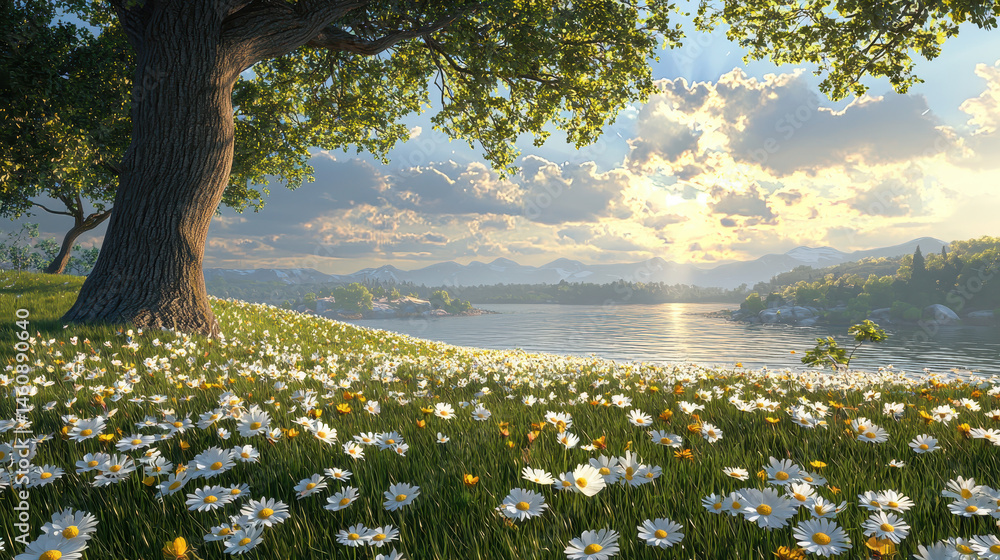 Poster a beautiful 4k 3d background with a realistic field of daisies under a large tree by a tranquil lake