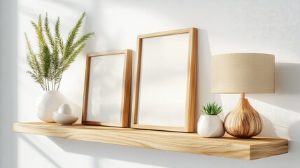 Scandinavian style shelf with two blank wooden picture frames and simple wooden lamp