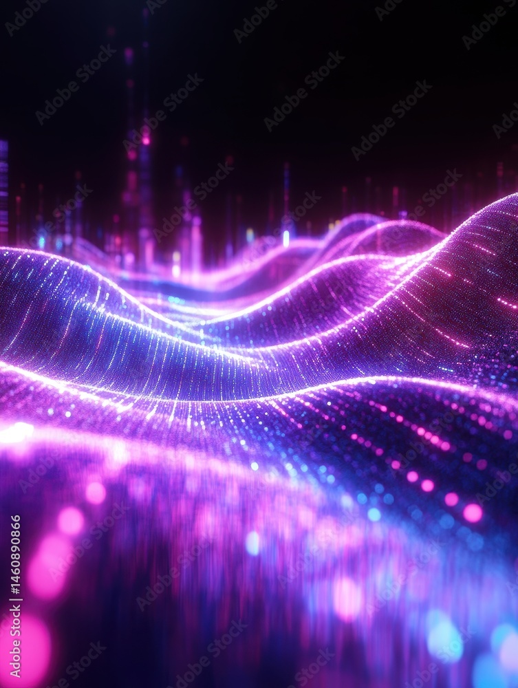 Poster abstract data landscape with glowing particles flowing in waves digital art rendering futuristic tec