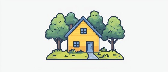 Yellow house nestled amongst lush green trees, showcasing a tranquil suburban setting.  Path leads to front door