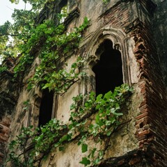 Naklejka premium Abandoned Building Covered with Green Ivy and Old Brick Walls