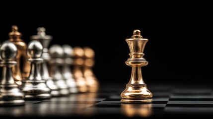 A golden chess queen stands alone amidst opposing pieces.