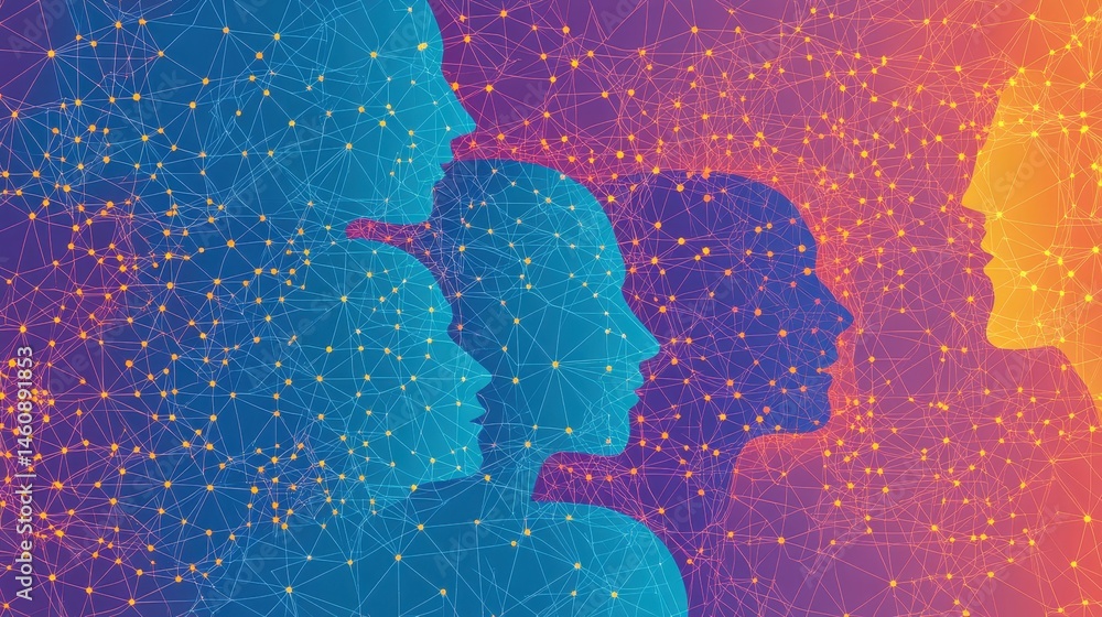 Poster artificial intelligence mesh network faces digital communication human connection concept