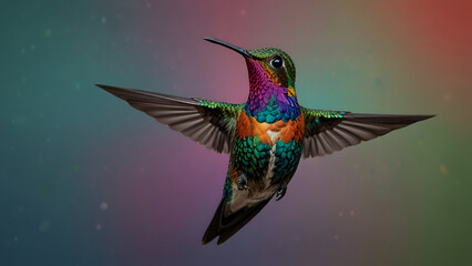 Obraz premium Hummingbird captured mid flight against a colourful background showcasing its iridescent feathers and rapid movement in a vibrant and dynamic nature inspired composition full of energy