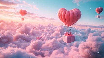 Fototapeta premium A Box flying on a parachute with pink cloud in valentine day,package flying down from sky and cloud with parachute, concept for delivery service,shopping online,air delivery service.