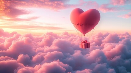 Obraz premium A Box flying on a parachute with pink cloud in valentine day,package flying down from sky and cloud with parachute, concept for delivery service,shopping online,air delivery service.