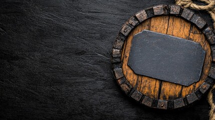 Fototapeta premium Rustic Wooden Barrel Top with Slate Sign Dark Background Copy Space