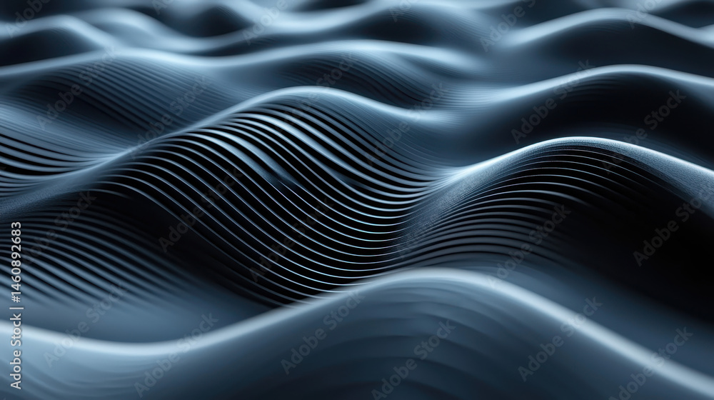 Poster realistic 4k 3d waveforms undulate smoothly from a side angle, creating a dynamic abstract backgroun