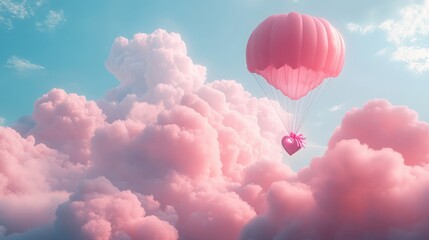 Fototapeta premium A Box flying on a parachute with pink cloud in valentine day,package flying down from sky and cloud with parachute, concept for delivery service,shopping online,air delivery service.